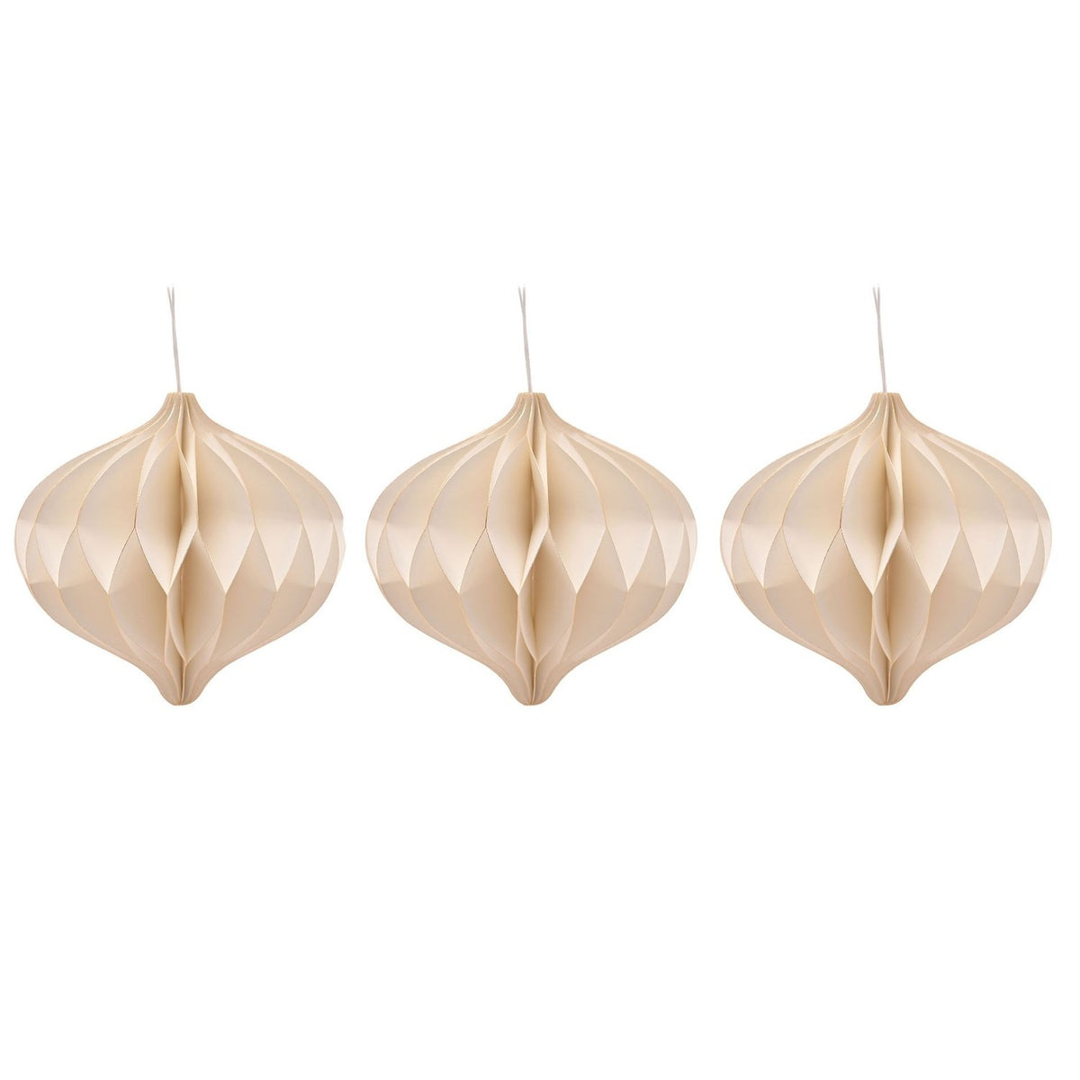 Set of three white honeycomb paper Christmas tree decorations, 9cm onion-shaped baubles with gold-edged folds and hanging string, on a plain white background.