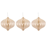 Set of three white honeycomb paper Christmas tree decorations, 9cm onion-shaped baubles with gold-edged folds and hanging string, on a plain white background.