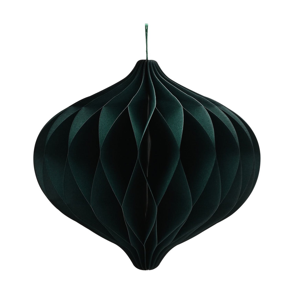 Dark green honeycomb paper bauble Christmas tree decoration with an onion-dome shape and hanging string loop, shown against a plain white background.