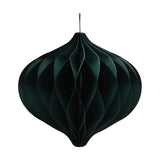 Dark green honeycomb paper bauble Christmas tree decoration with an onion-dome shape and hanging string loop, shown against a plain white background.