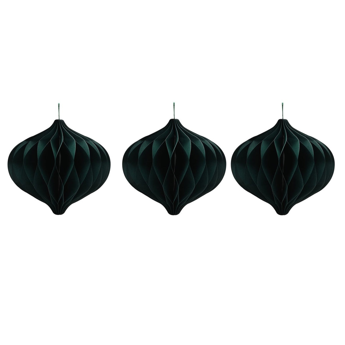 Set of 3 dark green honeycomb paper baubles, 12cm onion-dome Christmas tree decorations with string hangers, shown against a plain white background.