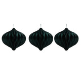 Set of 3 dark green honeycomb paper baubles, 12cm onion-dome Christmas tree decorations with string hangers, shown against a plain white background.