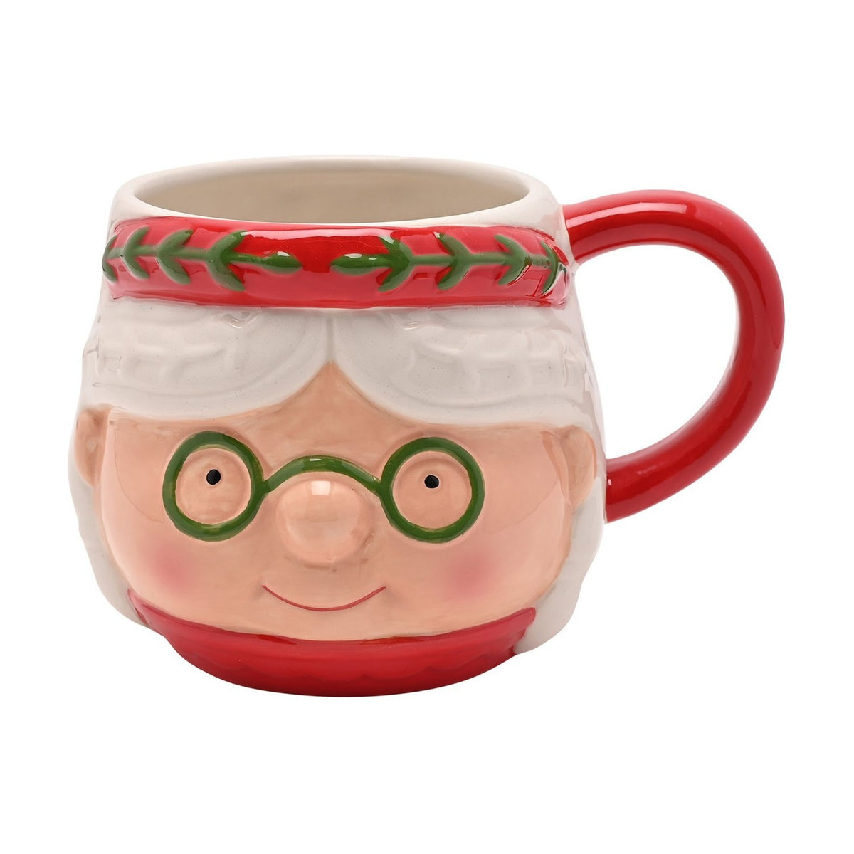 Mrs Claus Face Ceramic Nordic Mug with Red Handle - White