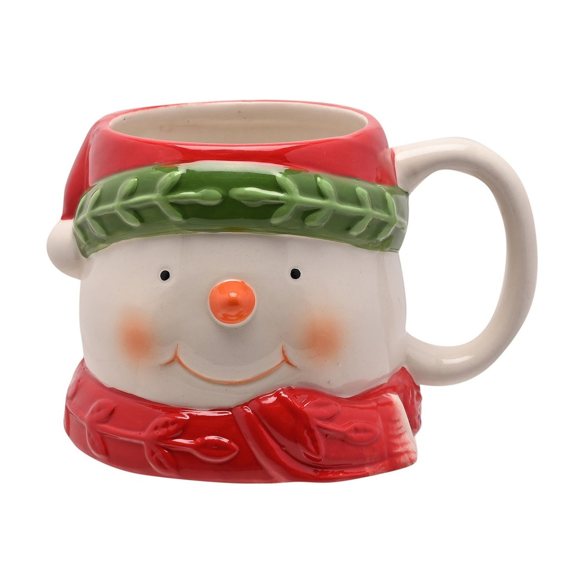 Ceramic mug shaped as a smiling snowman face, with red hat and green band, white bobble, orange raised nose, rosy cheeks, and red scarf at the base, set against a plain white background.