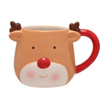 Reindeer Face Small Ceramic Mug with Antlers - Brown & Red