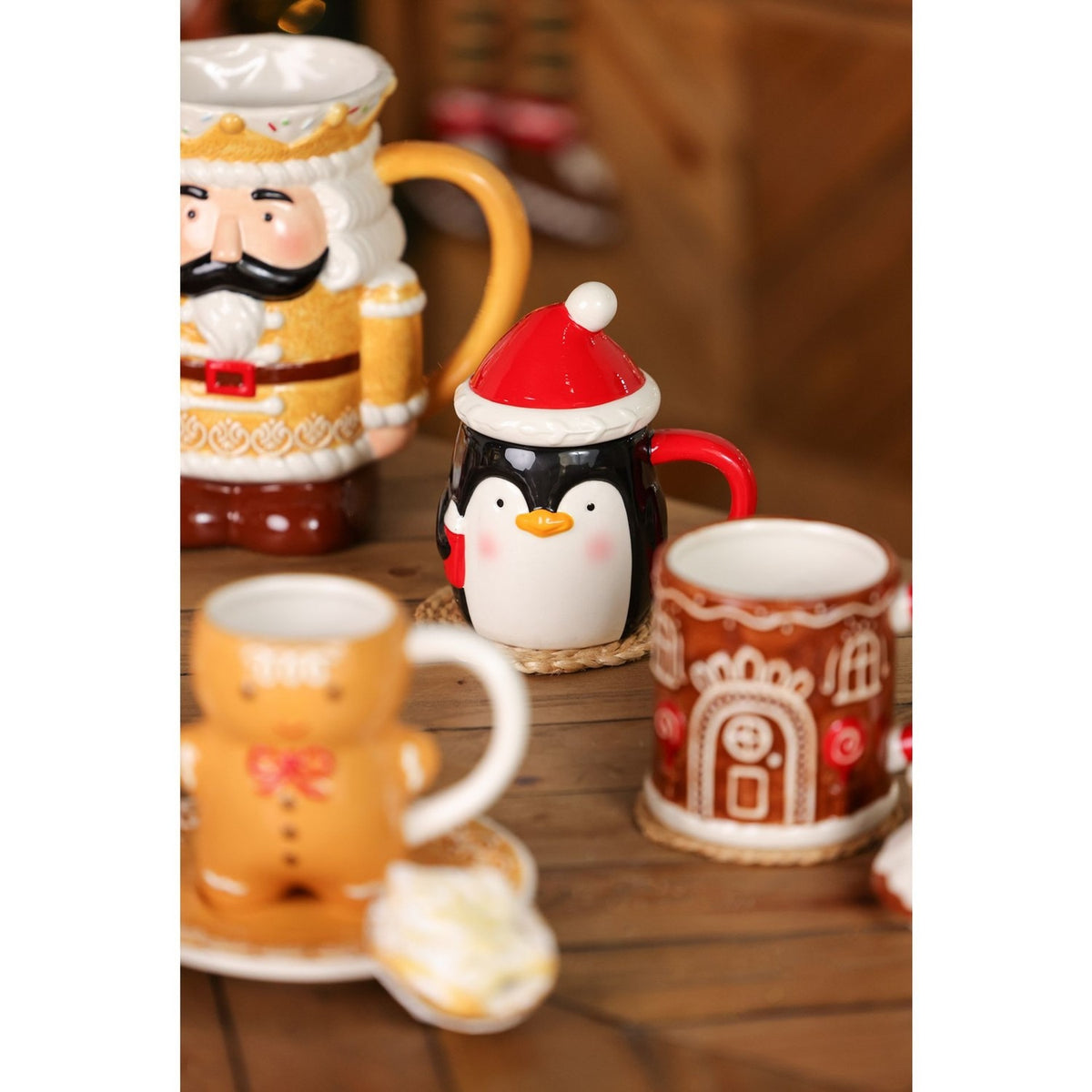 Small Penguin Ceramic Christmas Mug with Red Handle - Black