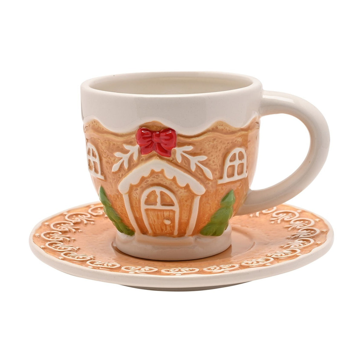 Gingerbread House Ceramic Teacup & Saucer - Light Brown & White