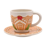 Gingerbread House Ceramic Teacup & Saucer - Light Brown & White