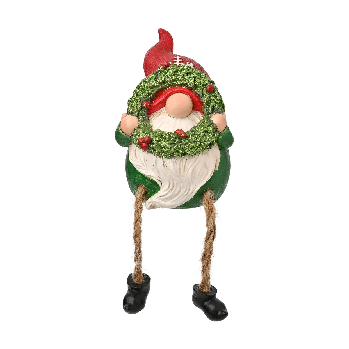 Gnome Shelf Sitter Resin Decoration with Wreath - Green