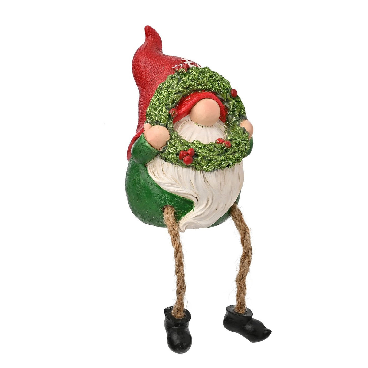 Gnome Shelf Sitter Resin Decoration with Wreath - Green