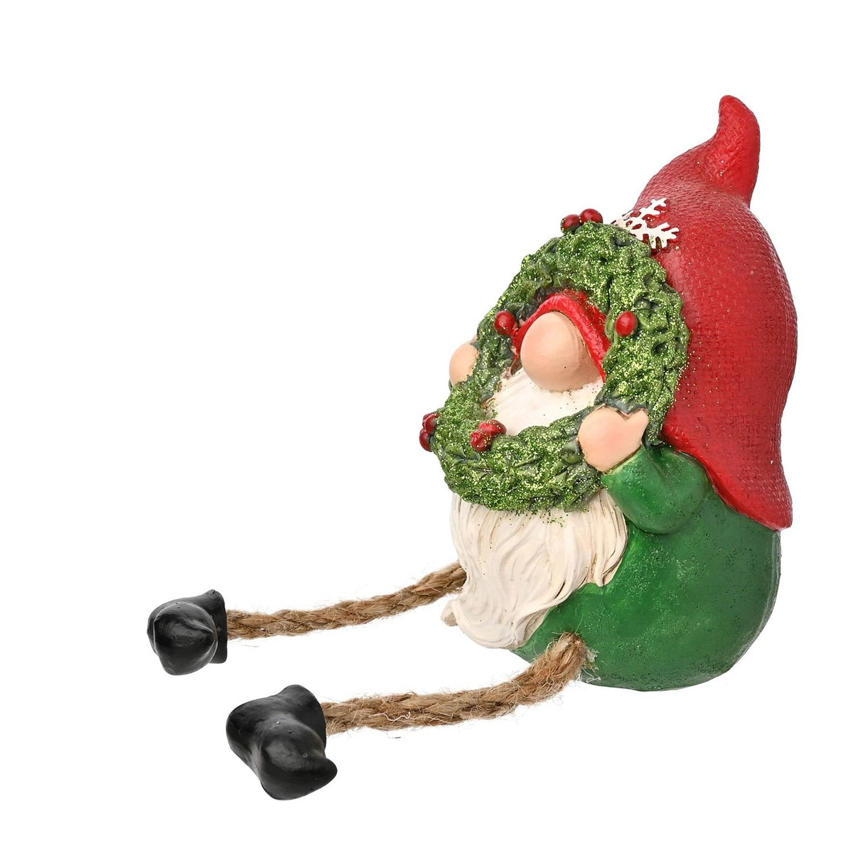 Gnome Shelf Sitter Resin Decoration with Wreath - Green