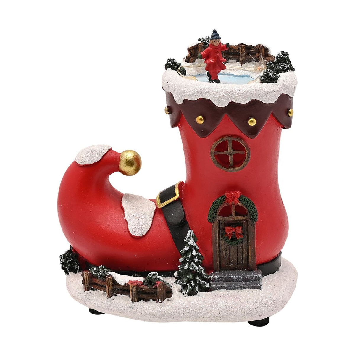 Elf Boot House Light-Up Decoration with Ice Skater - Red