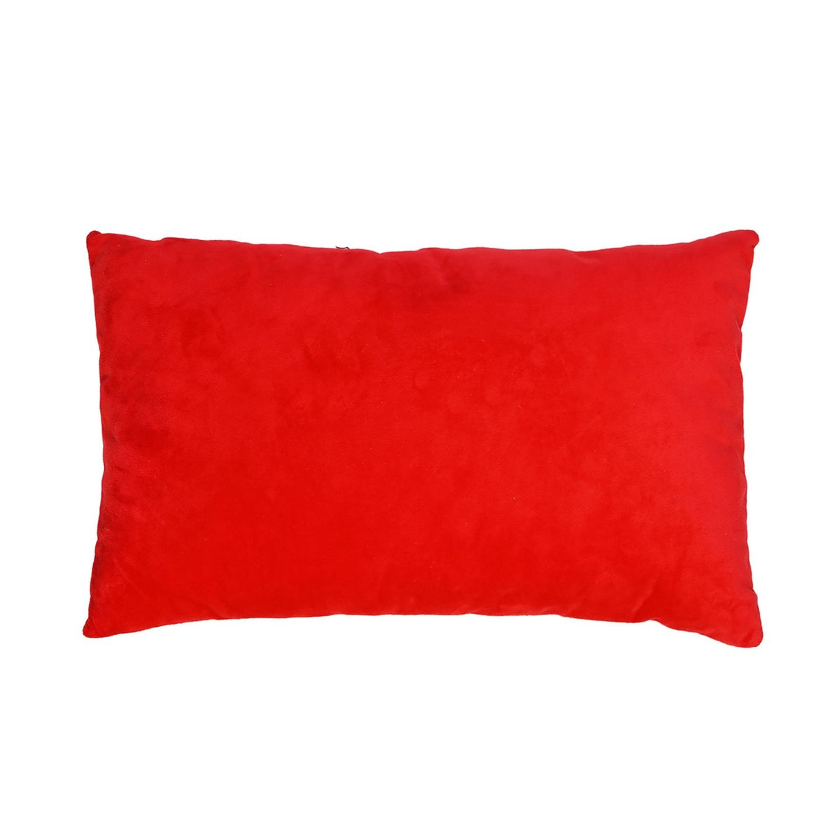 Rectangular red Christmas cushion, plain velvet-style fabric shown from the plain back side, on a white studio background.