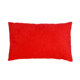 Rectangular red Christmas cushion, plain velvet-style fabric shown from the plain back side, on a white studio background.
