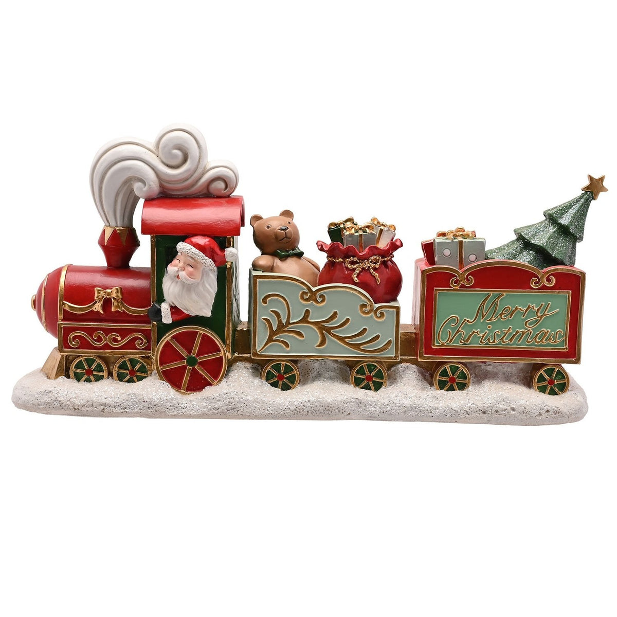 Santa & Friends Train with 2 gift carriages: red engine with Santa in the cab, mint green carriage with teddy bear and gifts, red Merry Christmas carriage with tree, on a snowy base.