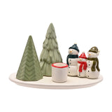 Snowman Scene Ceramic Candle Holder with Green Trees - White