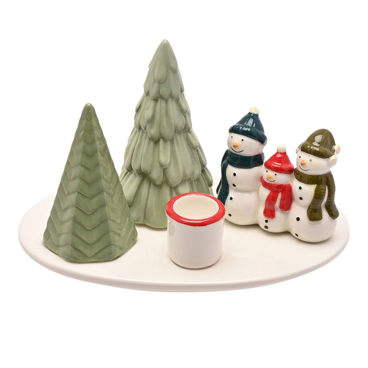 Snowman Scene Ceramic Candle Holder with Green Trees - White