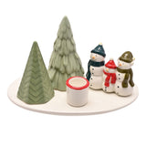 Snowman Scene Ceramic Candle Holder with Green Trees - White