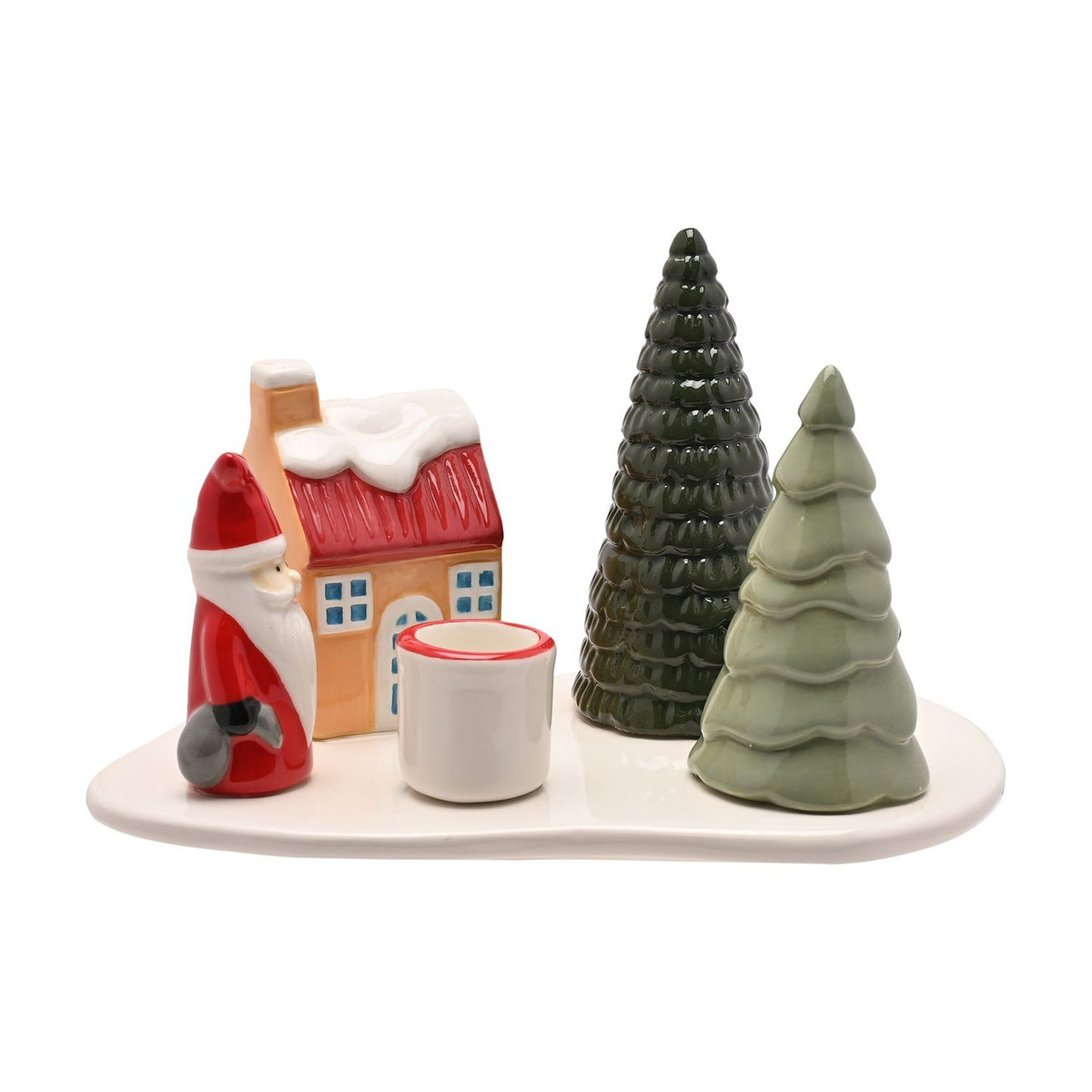 Santa, House and Tree Scene Ceramic Candle Holder - White