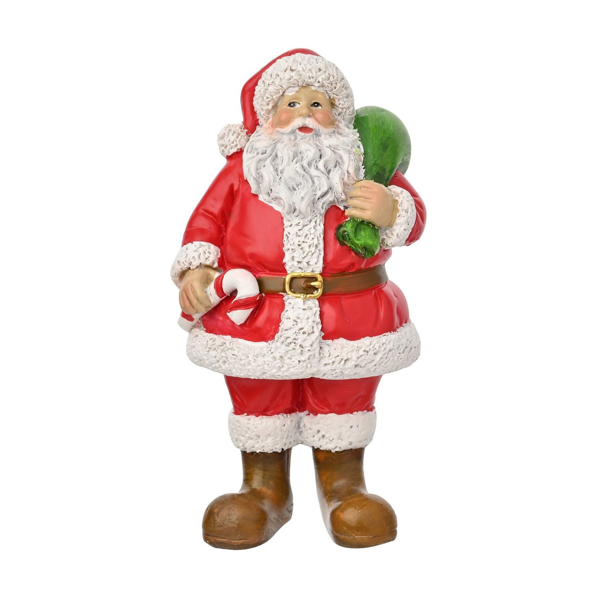 Mr Claus Santa Christmas figurine in a red and white suit with brown belt, holding a candy cane and carrying a green sack, on a plain white background.