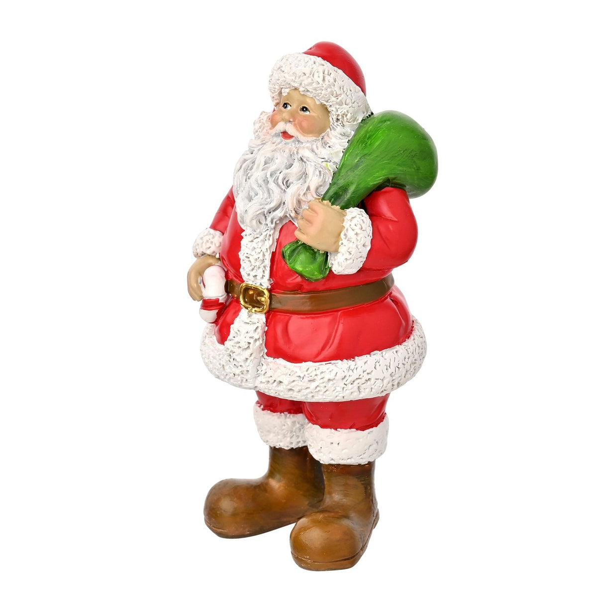 Mr Claus Santa Christmas figurine in a red and white suit with brown belt and boots, carrying a green sack and candy cane, shown on a plain white background.