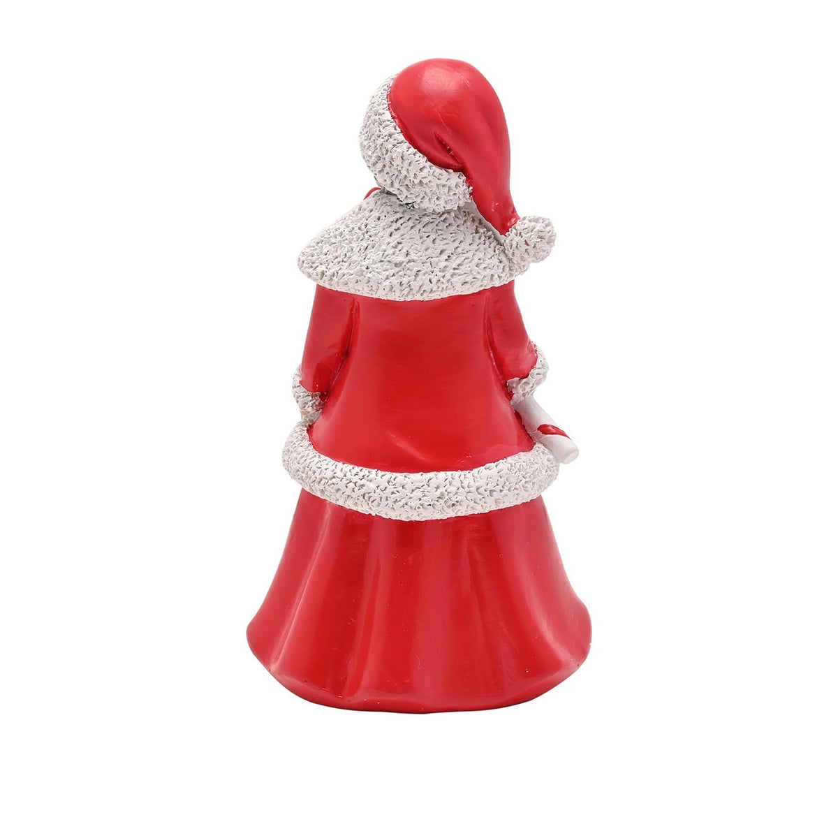 Rear view of the Mrs Claus resin Christmas figurine in a red coat and full skirt with white fur-textured trim, red hooded hat, shown against a plain white background.