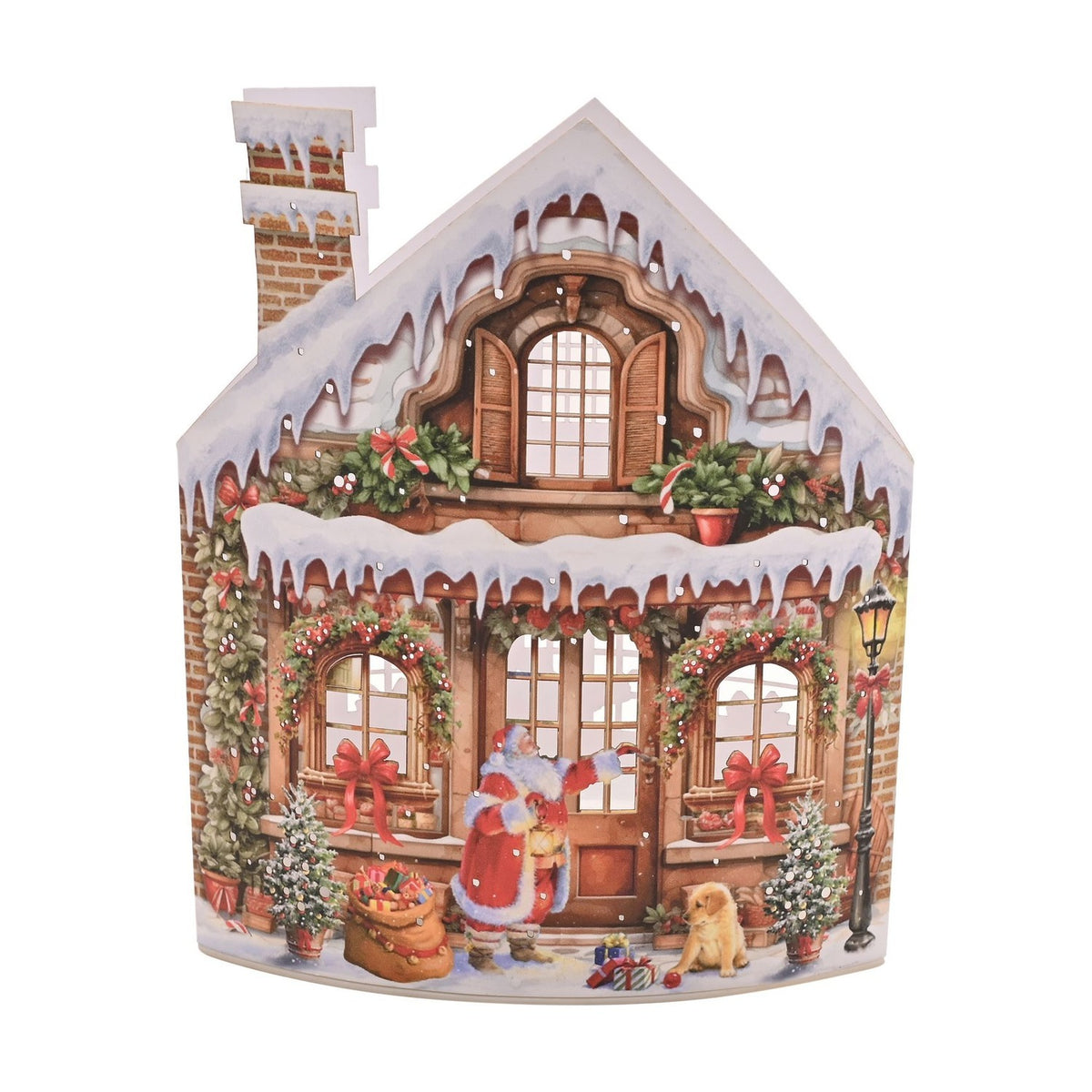 LED Victorian Christmas shop lantern, 16.2cm, shaped like a brown and white brick house with Father Christmas, a puppy, decorated trees, and a lamp post on a plain white background.