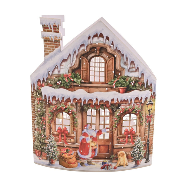 LED Victorian Christmas shop lantern, 16.2cm, shaped like a brown and white brick house with Father Christmas, a puppy, decorated trees, and a lamp post on a plain white background.