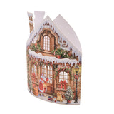 LED Victorian Christmas shop lantern, 16.2cm, in brown and white, shaped like a snowy brick shopfront with Father Christmas, a puppy, trees, and a lamp post, on a plain white background.