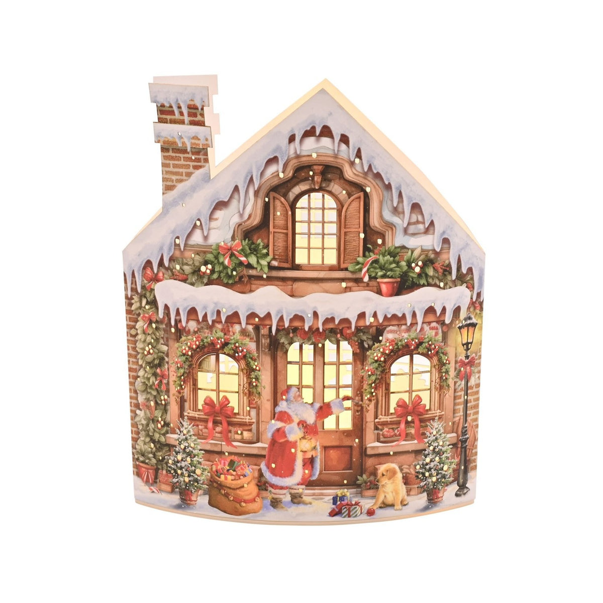 LED Victorian Christmas shop lantern, 16.2cm, brown and white house-shaped candle holder with snowy roof, Father Christmas, puppy, trees and lamp post, on a plain white background.