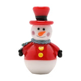Festive Miniature Snowman ceramic figurine in red and white, with a black-banded top hat, striped blue scarf, yellow buttons and black mittens, shown on a plain white background.