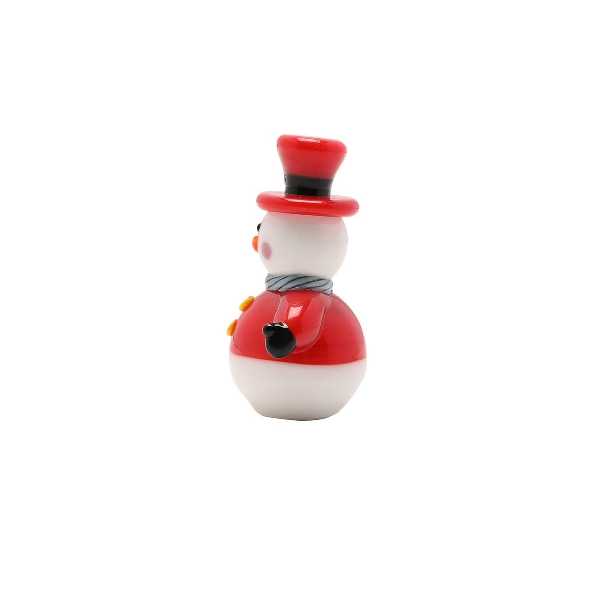 Miniature ceramic snowman figurine in red and white with a red top hat, blue striped scarf, yellow buttons and black mitten arm, shown on a plain white background.