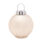 LED frosted glass bauble light-up decoration, 13cm round white speckled globe with silver-toned cap and loop handle, glowing from within, on a plain white background.