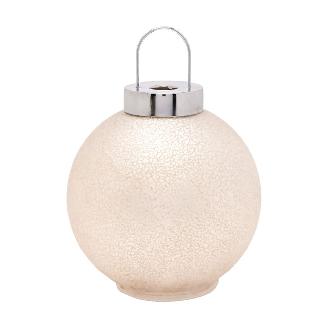 LED frosted glass bauble light-up decoration, 13cm round white speckled globe with silver-toned cap and loop handle, glowing from within, on a plain white background.