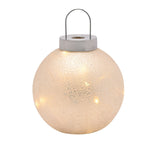 LED Frosted Glass Bauble Light-Up Decoration, 13cm round white glass ornament with speckled texture, silver cap, loop handle, and glowing LED lights, on a plain white background.