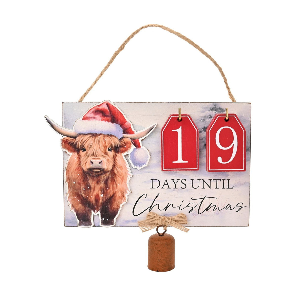 Highland Cow Countdown to Christmas Plaque - White & Red