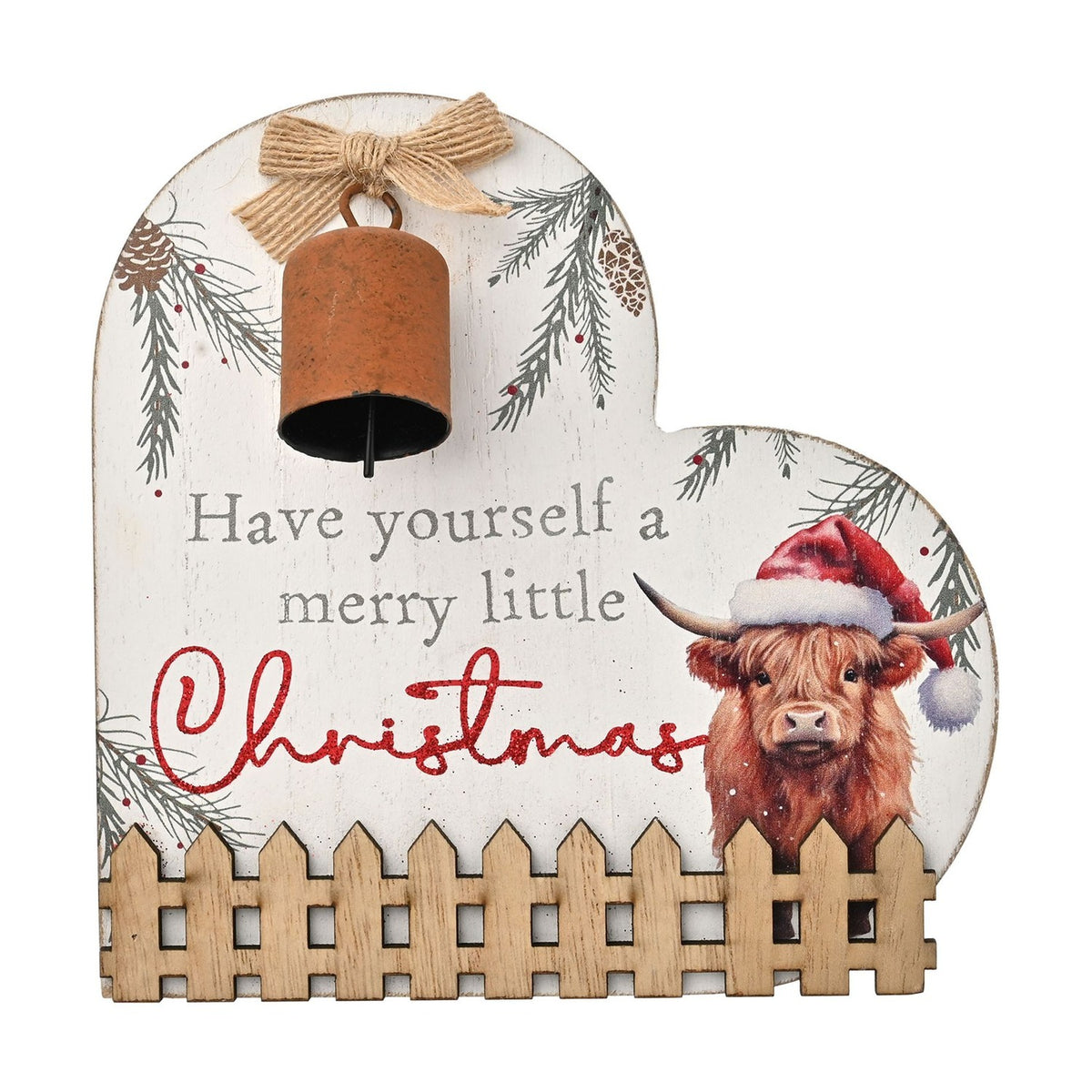 Christmas Highland Cow Heart Wooden Plaque with Bell - White