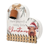 Christmas Highland Cow Heart Wooden Plaque with Bell - White