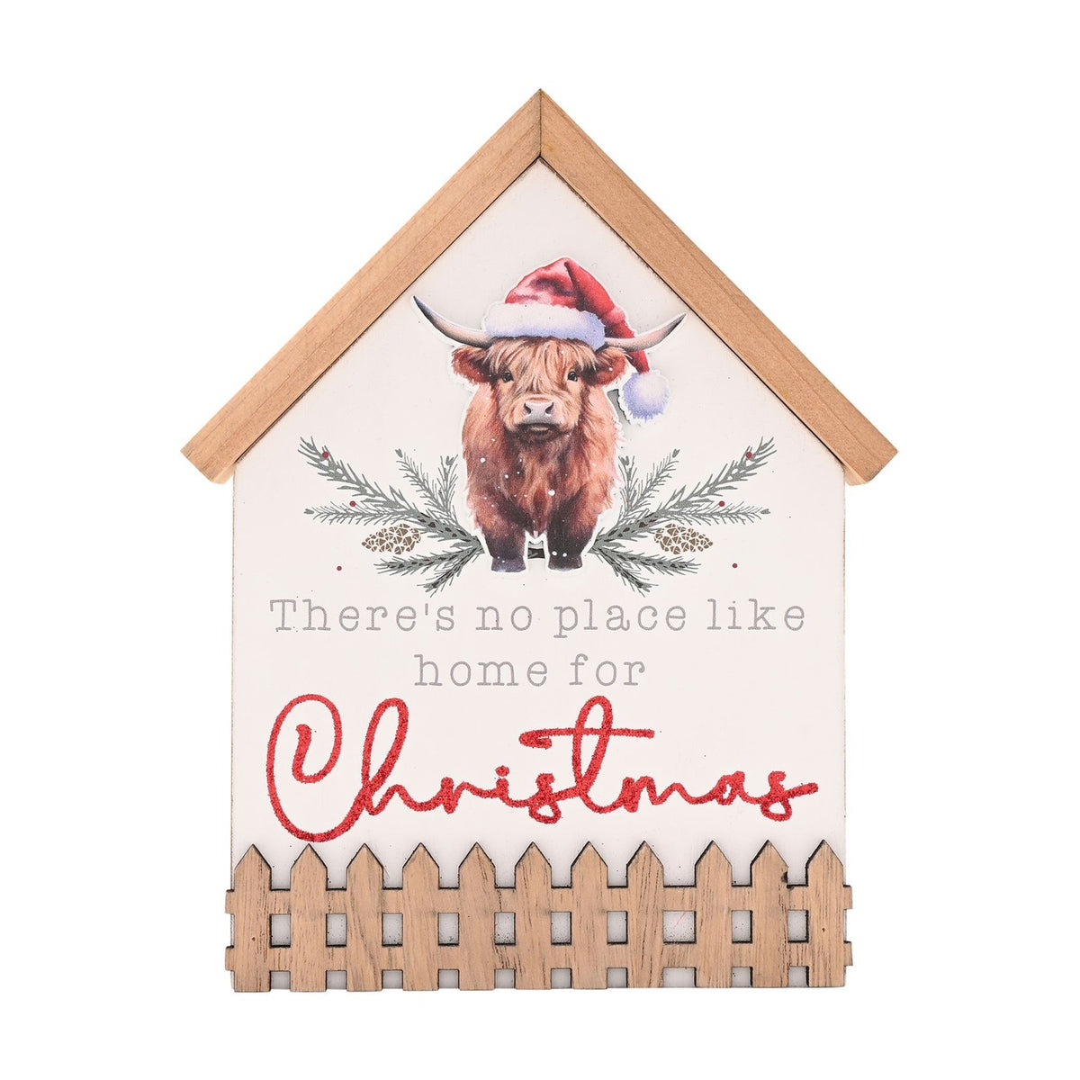 Highland Cow in Santa Hat House Plaque with Fence - White