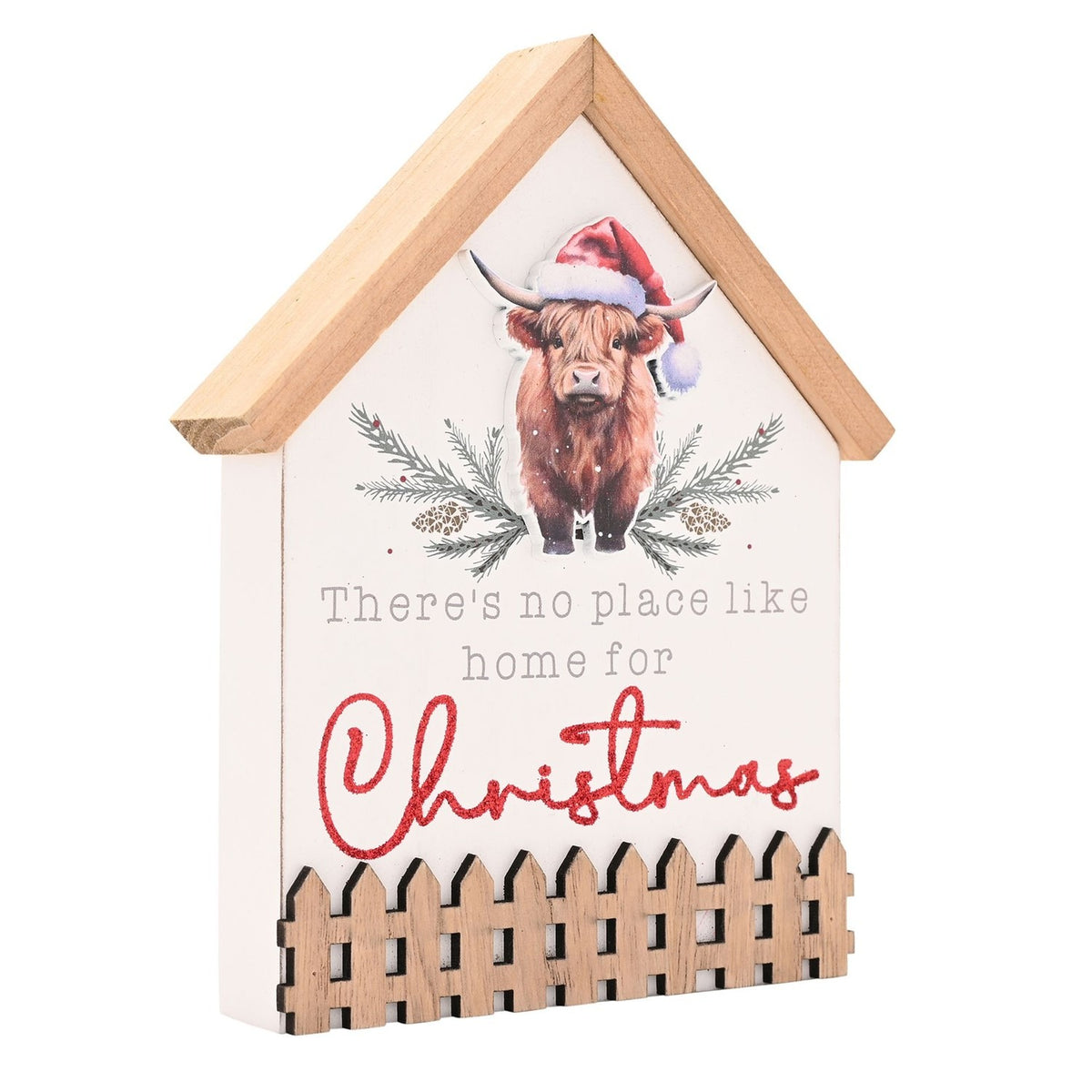 Highland Cow in Santa Hat House Plaque with Fence - White