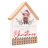 Highland Cow in Santa Hat House Plaque with Fence - White