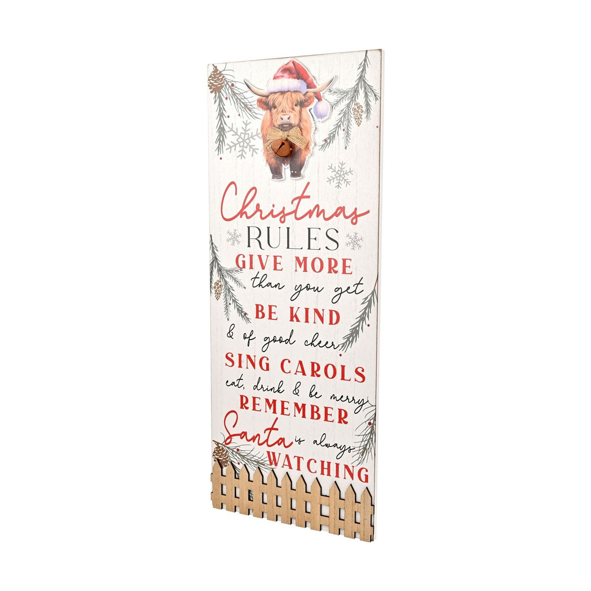Highland Cow in Santa Hat Christmas Rules Plaque - White