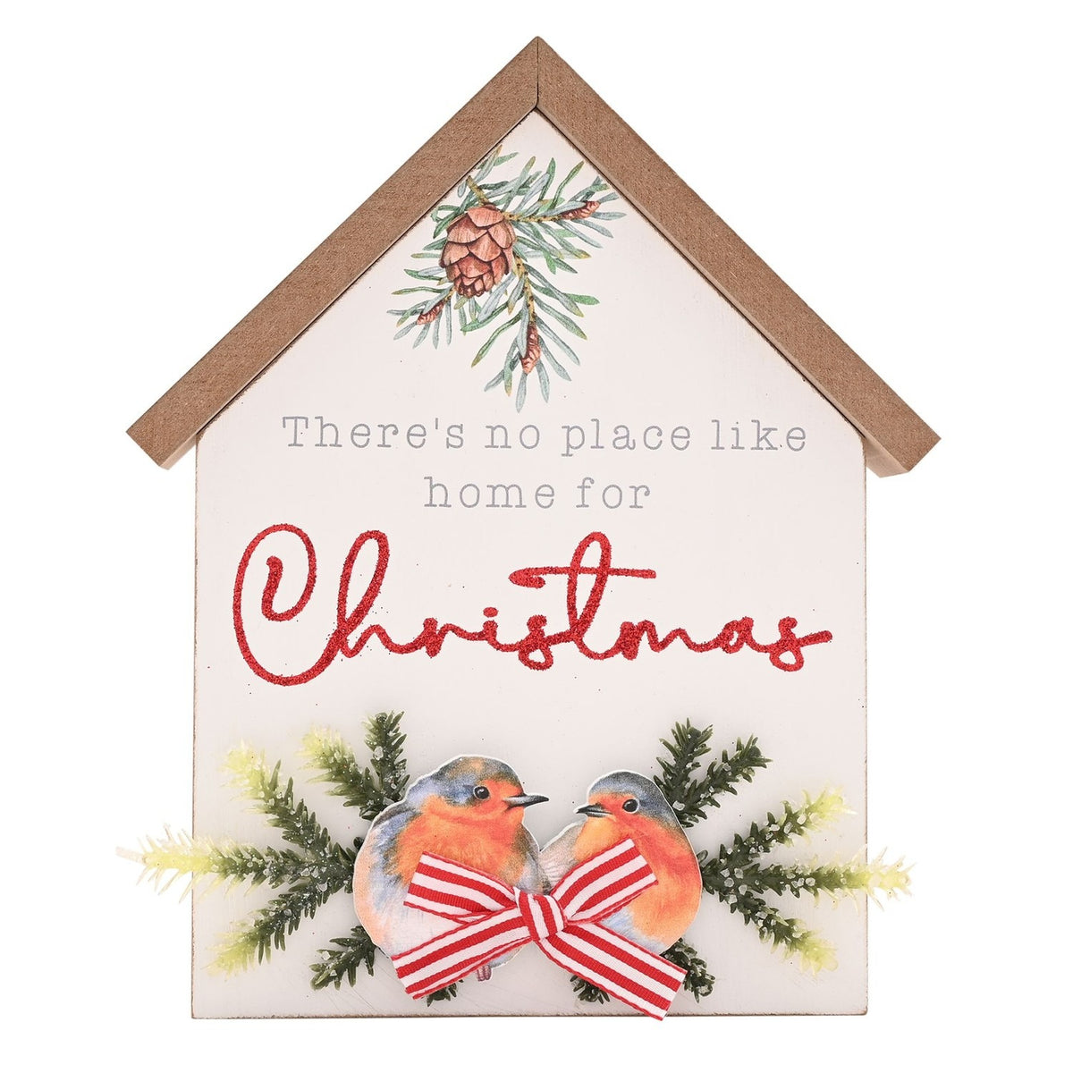 Christmas Robin House Wooden Plaque with Ribbon Bow - White