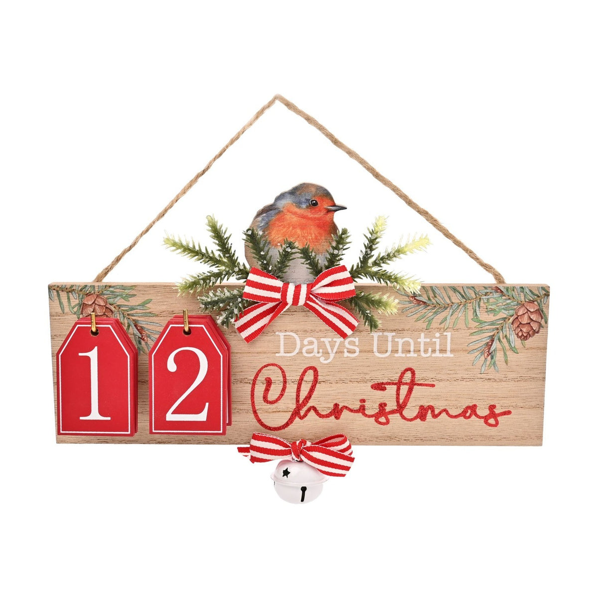 Robin Countdown to Christmas Plaque with Jingle Bell - Brown