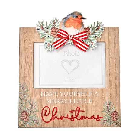Square brown wooden frame featuring a robin, pine sprigs, cones, and a red-white bow above "Have yourself a merry little Christmas" text and a 4"x6" photo window.