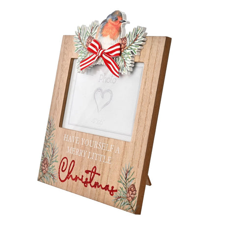 Brown wood 4x6 photo frame with easel stand, robin topper, pine sprigs, pinecones, and striped bow, reading Have yourself a merry little Christmas, on a white background.