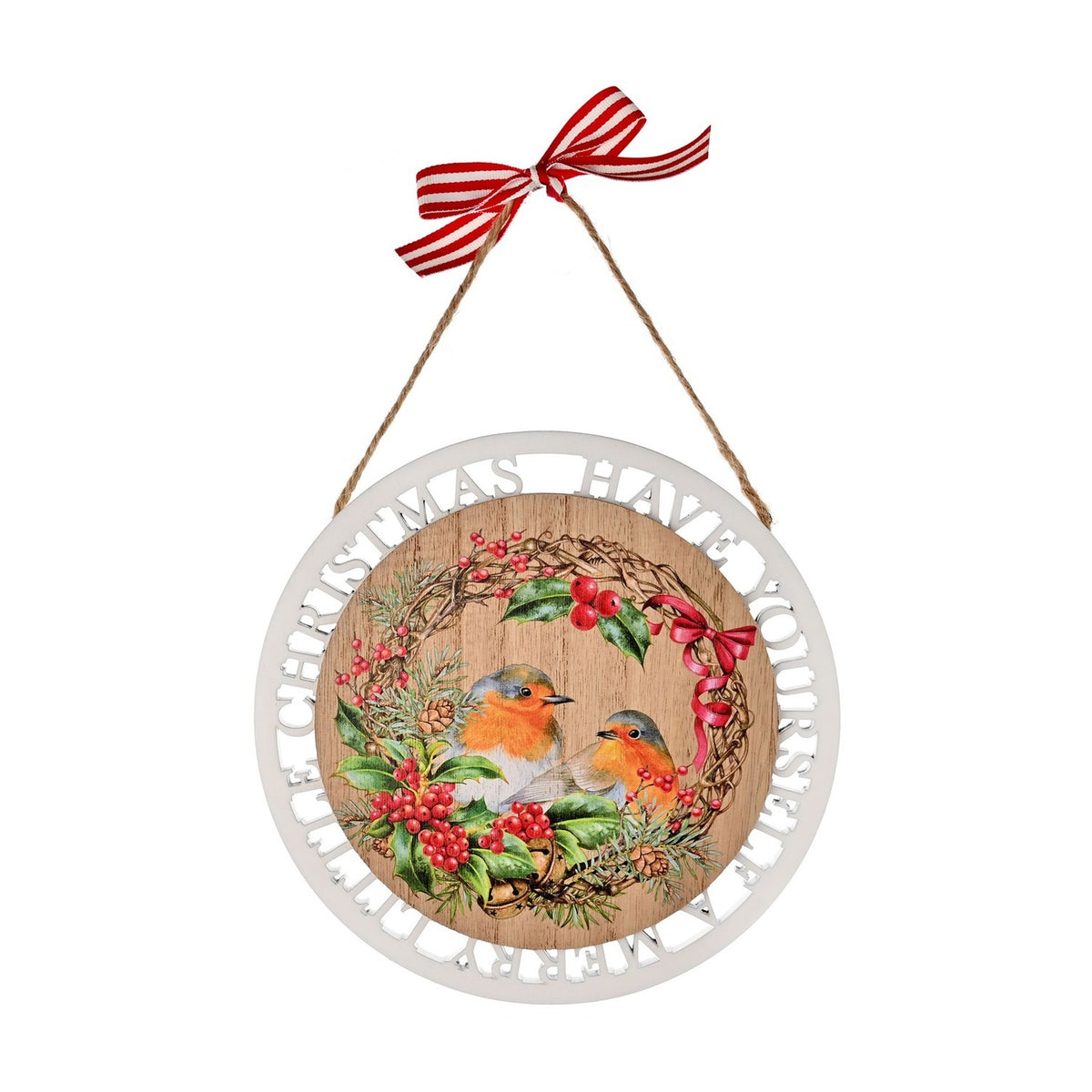 Robin Wreath Round Hanging Wooden Plaque with Bow - White