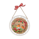 Robin Wreath Round Hanging Wooden Plaque with Bow - White
