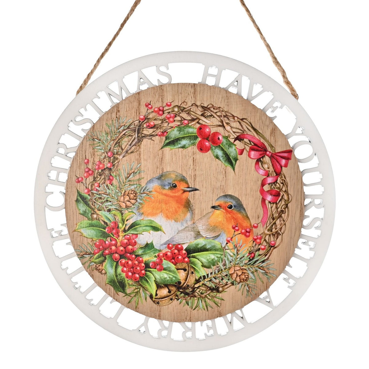Robin Wreath Round Hanging Wooden Plaque with Bow - White