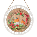 Robin Wreath Round Hanging Wooden Plaque with Bow - White